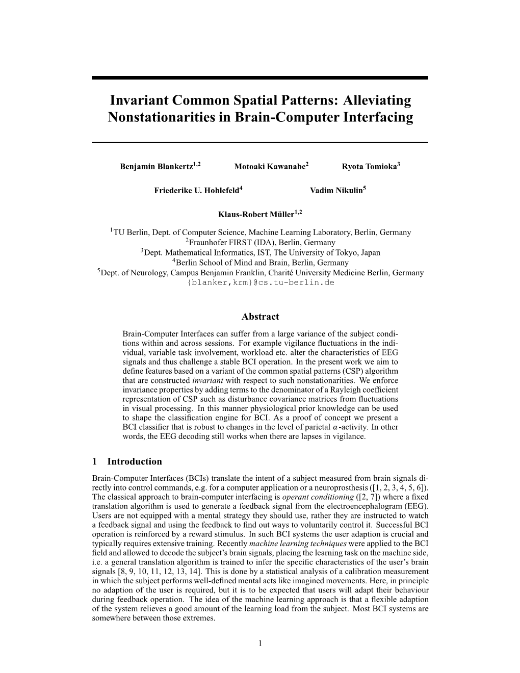 Invariant Common Spatial Patterns: Alleviating Nonstationarities in Brain-Computer Interfacing