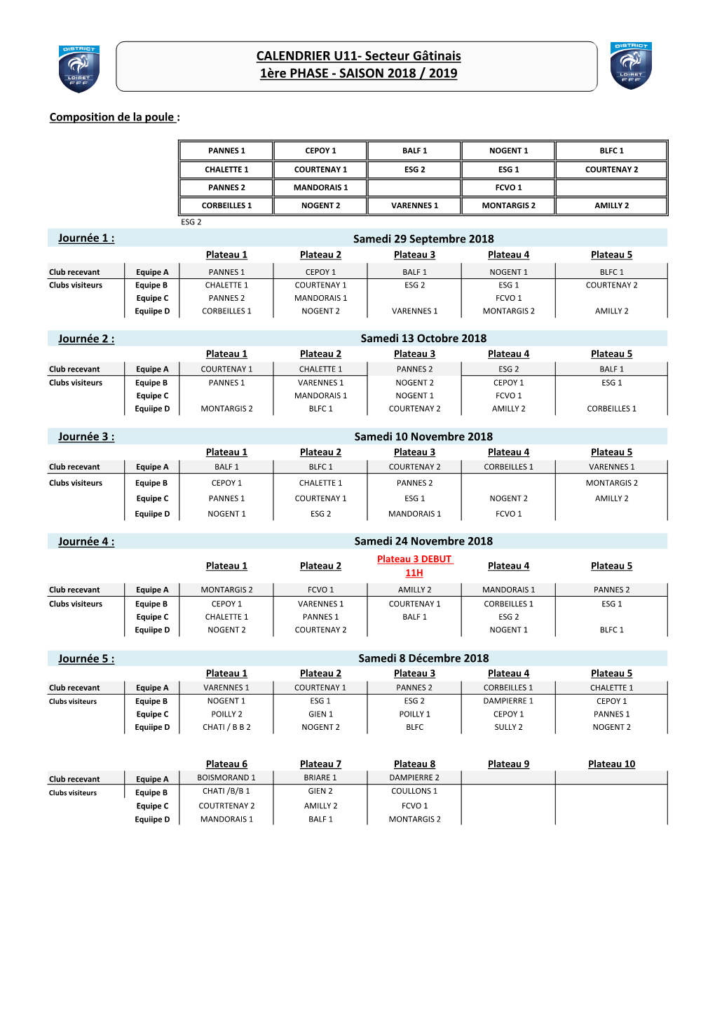 CALENDRIER U11- Secteur Gâtinais 1Ère PHASE - SAISON 2018 / 2019