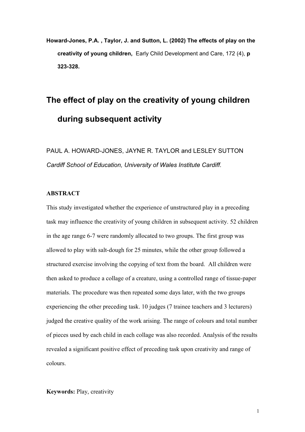 Lit Review On Play And Creativity