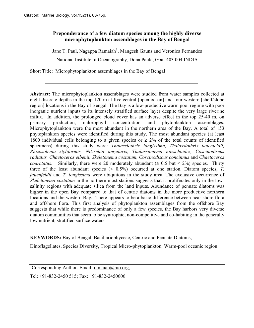 Preponderance of a Few Diatom Species Among the Highly Diverse Microphytoplankton Assemblages in the Bay of Bengal