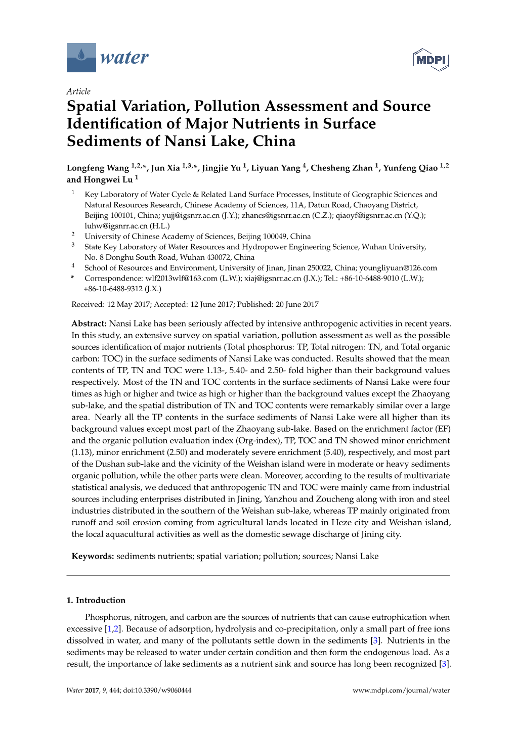 Spatial Variation, Pollution Assessment and Source Identiﬁcation of Major Nutrients in Surface Sediments of Nansi Lake, China