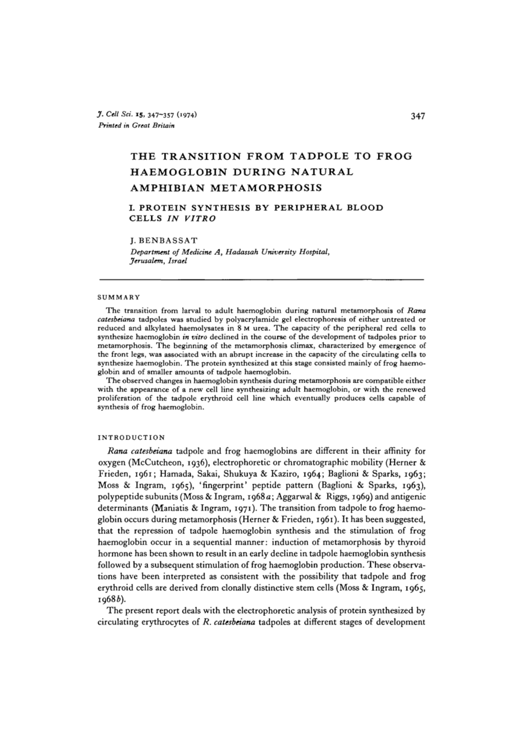 The Transition from Tadpole to Frog Haemoglobin During Natural Amphibian Metamorphosis I