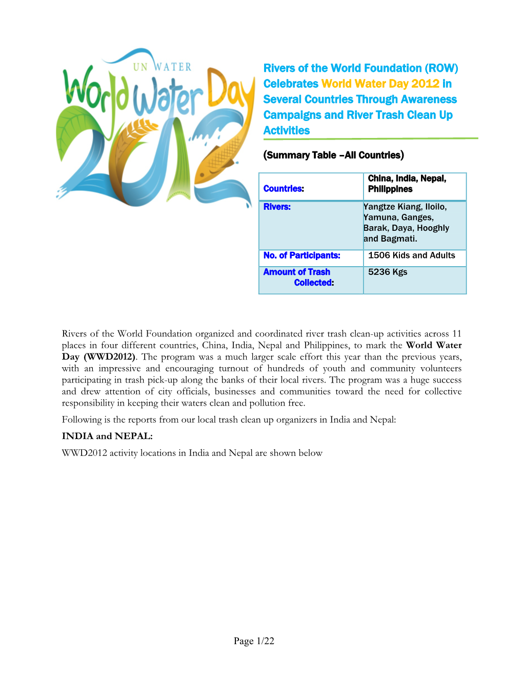 Rivers of the World Foundation (ROW) Celebrates World Water Day 2012 in Several Countries Through Awareness Campaigns and River Trash Clean up Activities