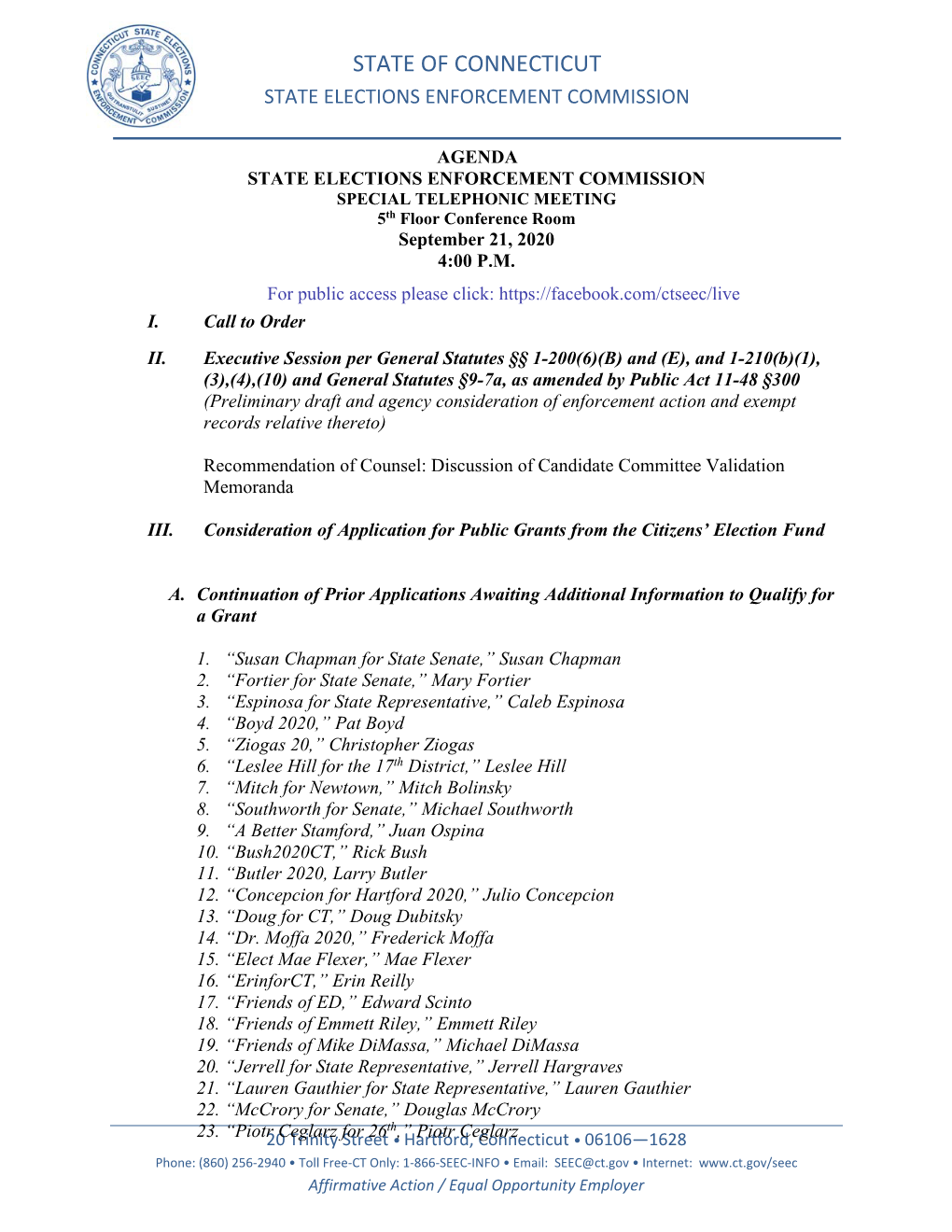 State of Connecticut State Elections Enforcement Commission