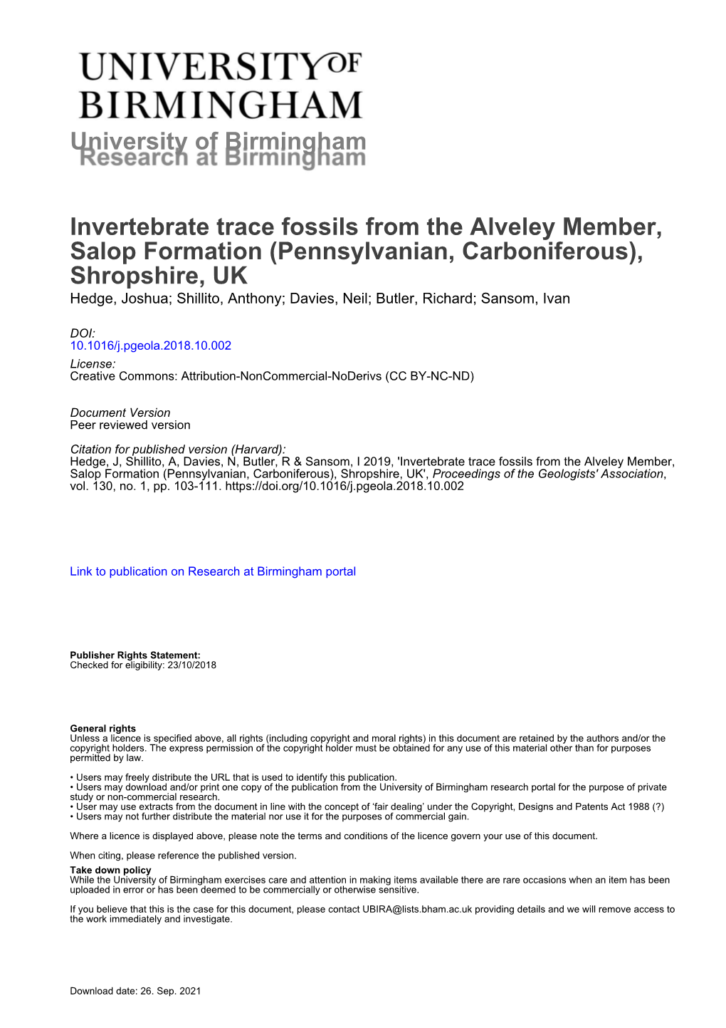 University of Birmingham Invertebrate Trace Fossils from The