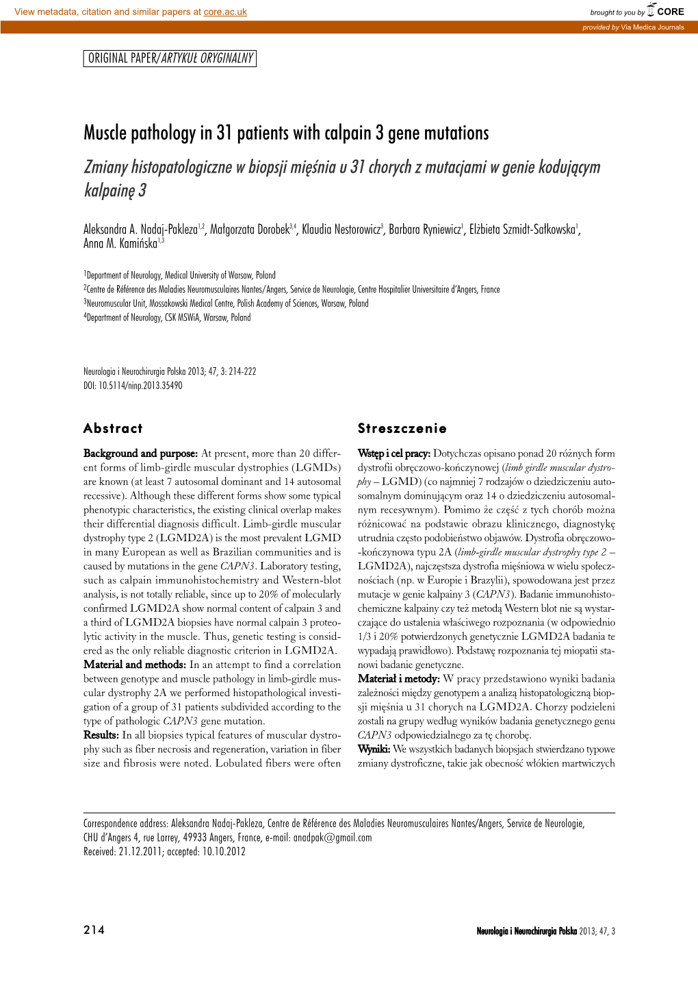 Muscle Pathology in 31 Patients with Calpain 3 Gene Mutations Zmiany Histopatologiczne W Biopsji Miêœnia U 31 Chorych Z Mutacjami W Genie Koduj¹cym Kalpainê 3