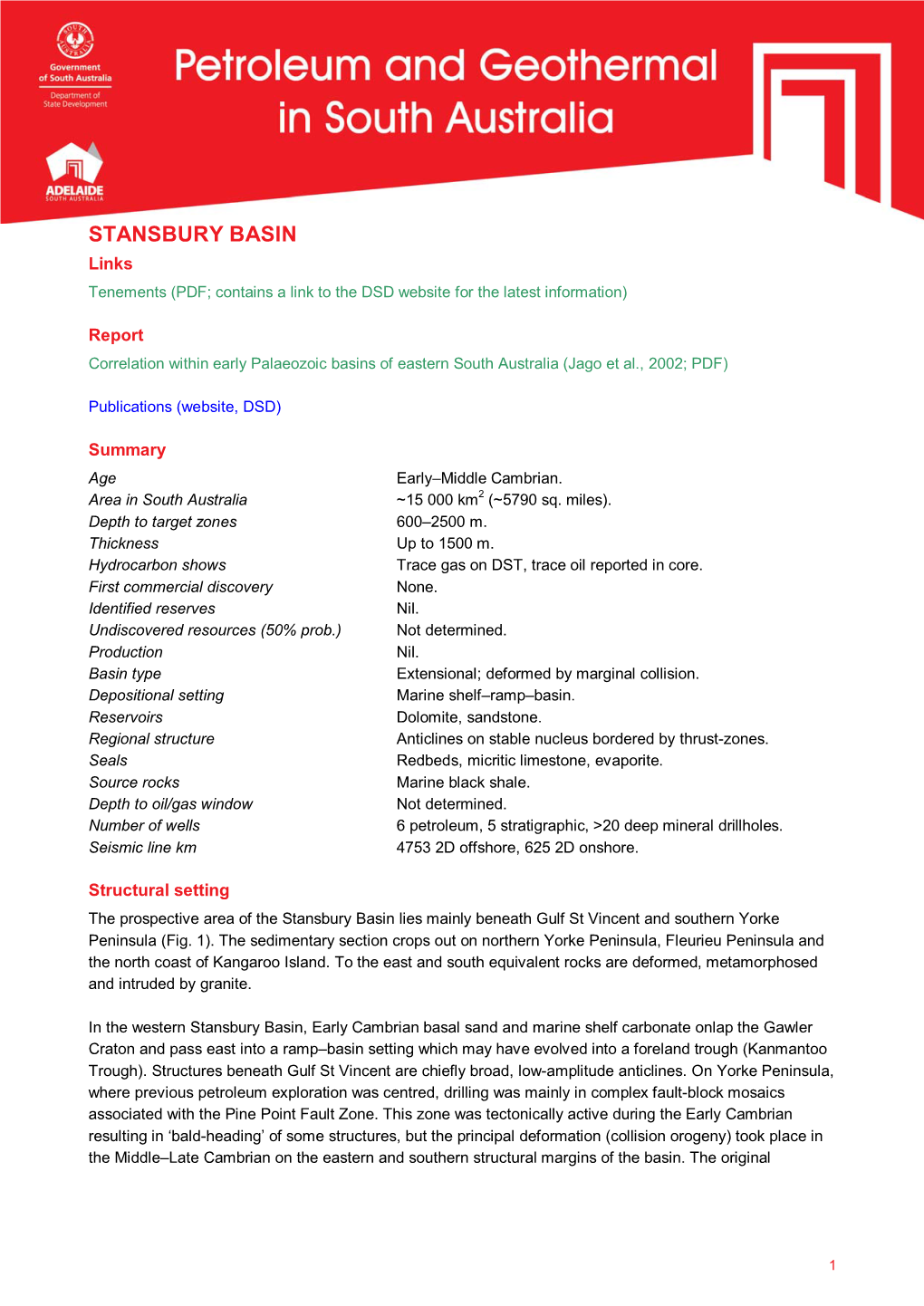 STANSBURY BASIN Links Tenements (PDF; Contains a Link to the DSD Website for the Latest Information)