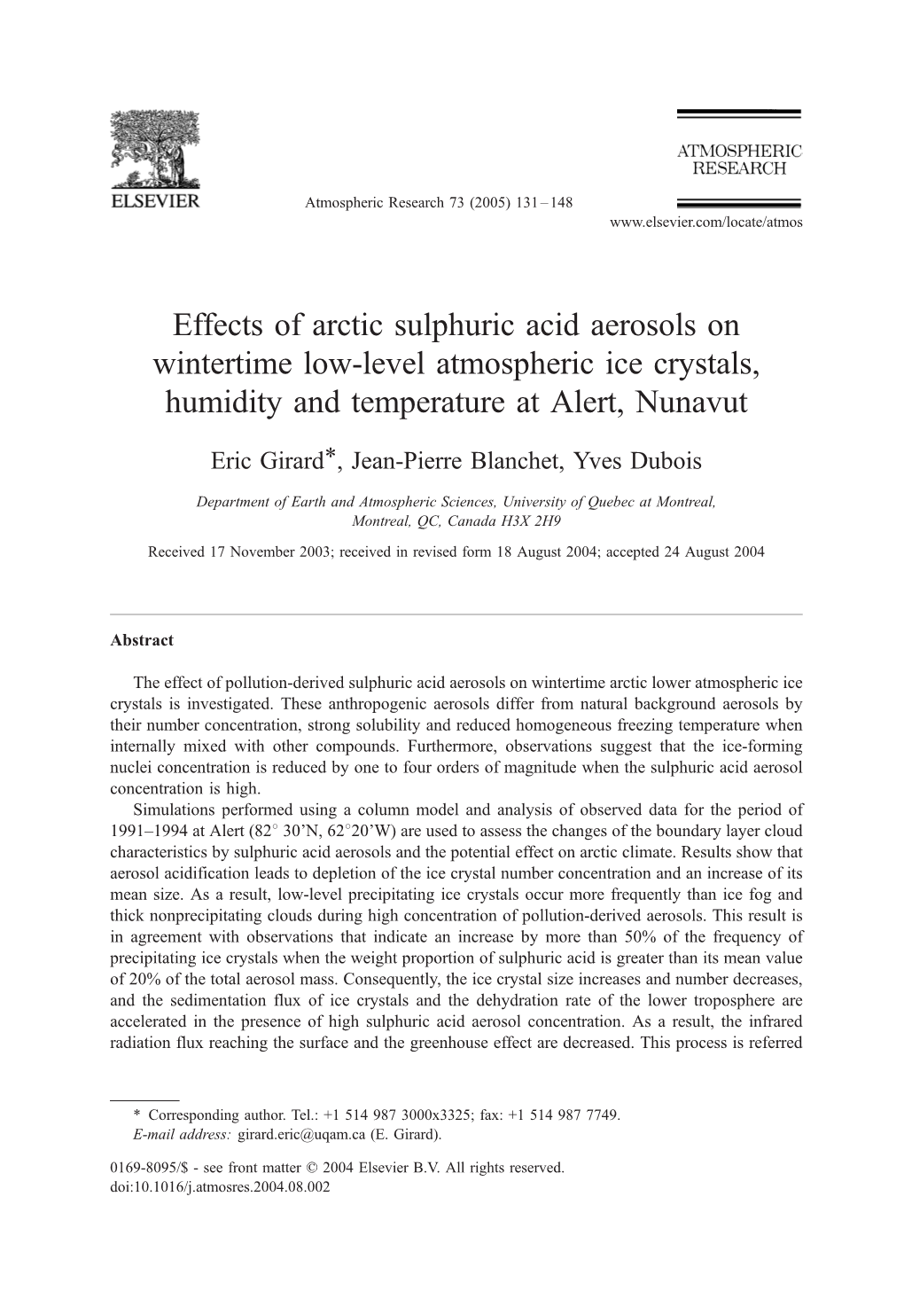 Effects of Arctic Sulphuric Acid Aerosols on Wintertime Low-Level Atmospheric Ice Crystals, Humidity and Temperature at Alert, Nunavut