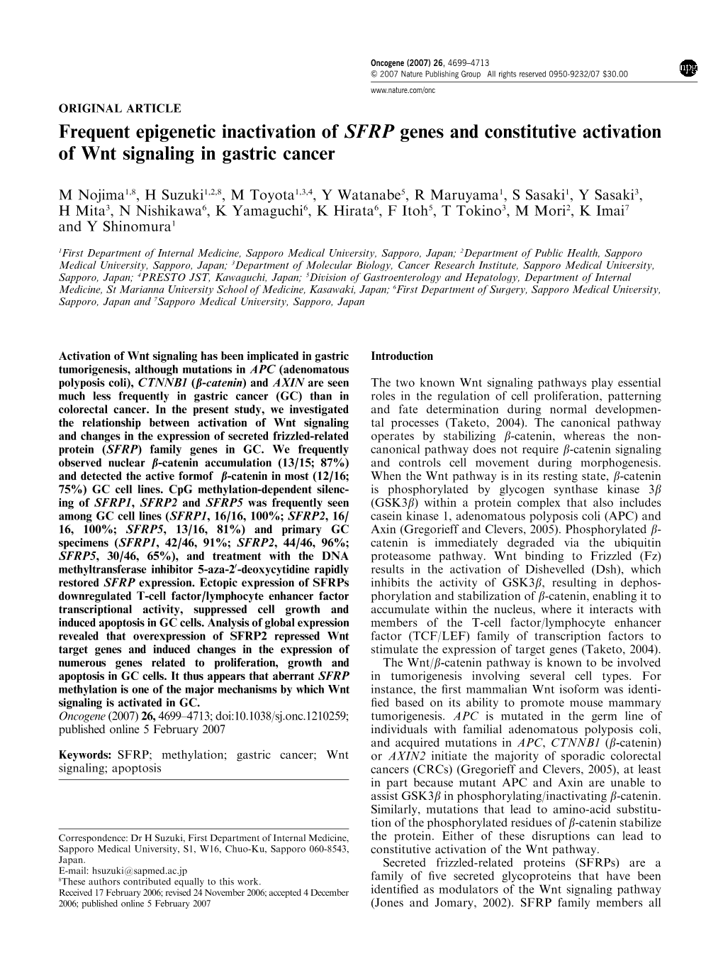 Frequent Epigenetic Inactivation of SFRP Genes and Constitutive Activation of Wnt Signaling in Gastric Cancer