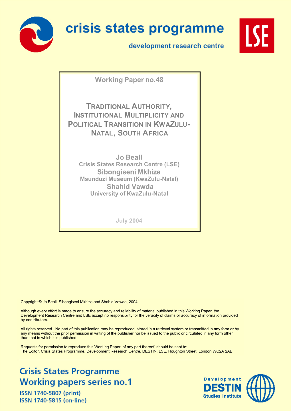 Traditional Authority, Institutional Multiplicity and Political Transition in Kwazulu- Natal, South Africa