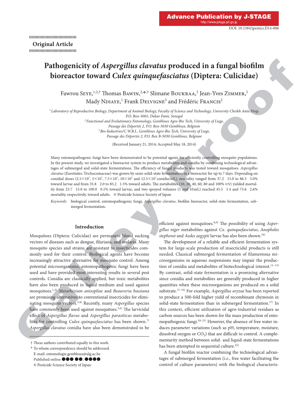 Pathogenicity of Aspergillus Clavatus Produced in a Fungal Biofilm Bioreactor Toward Culex Quinquefasciatus (Diptera: Culicidae)