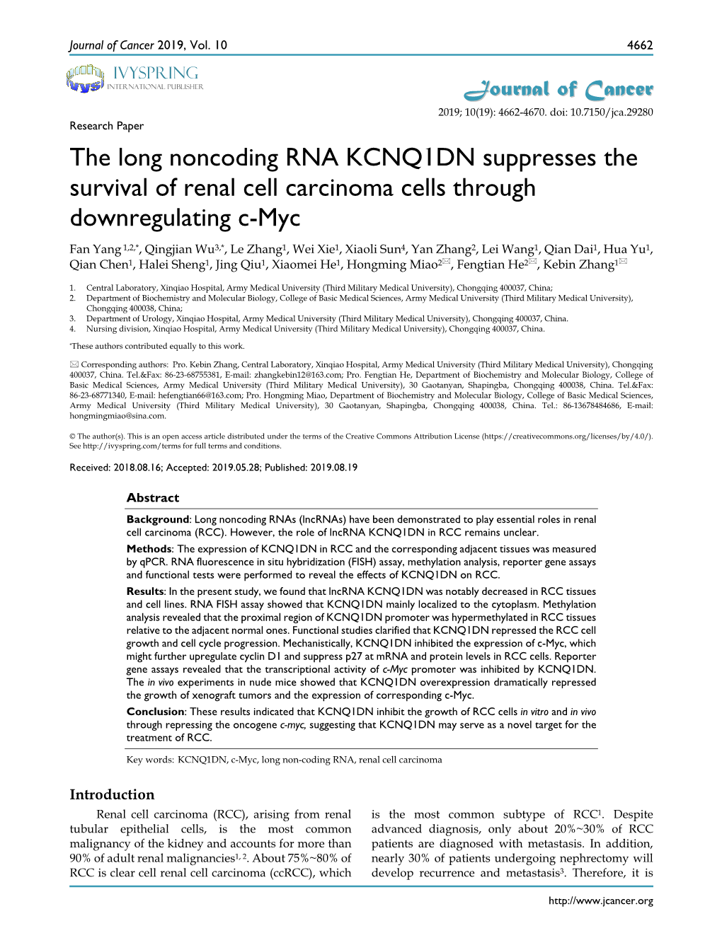 The Long Noncoding RNA KCNQ1DN Suppresses the Survival of Renal Cell