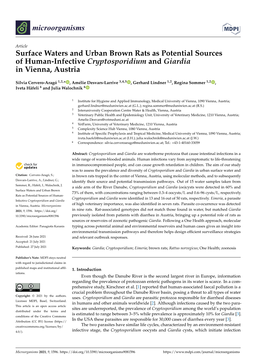 Surface Waters and Urban Brown Rats As Potential Sources of Human-Infective Cryptosporidium and Giardia in Vienna, Austria