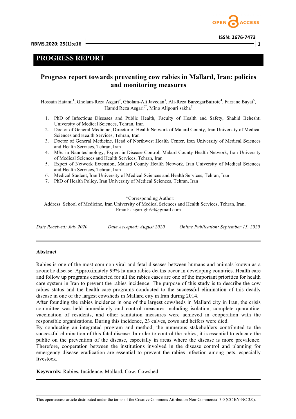 Progress Report Towards Preventing Cow Rabies in Mallard, Iran: Policies and Monitoring Measures
