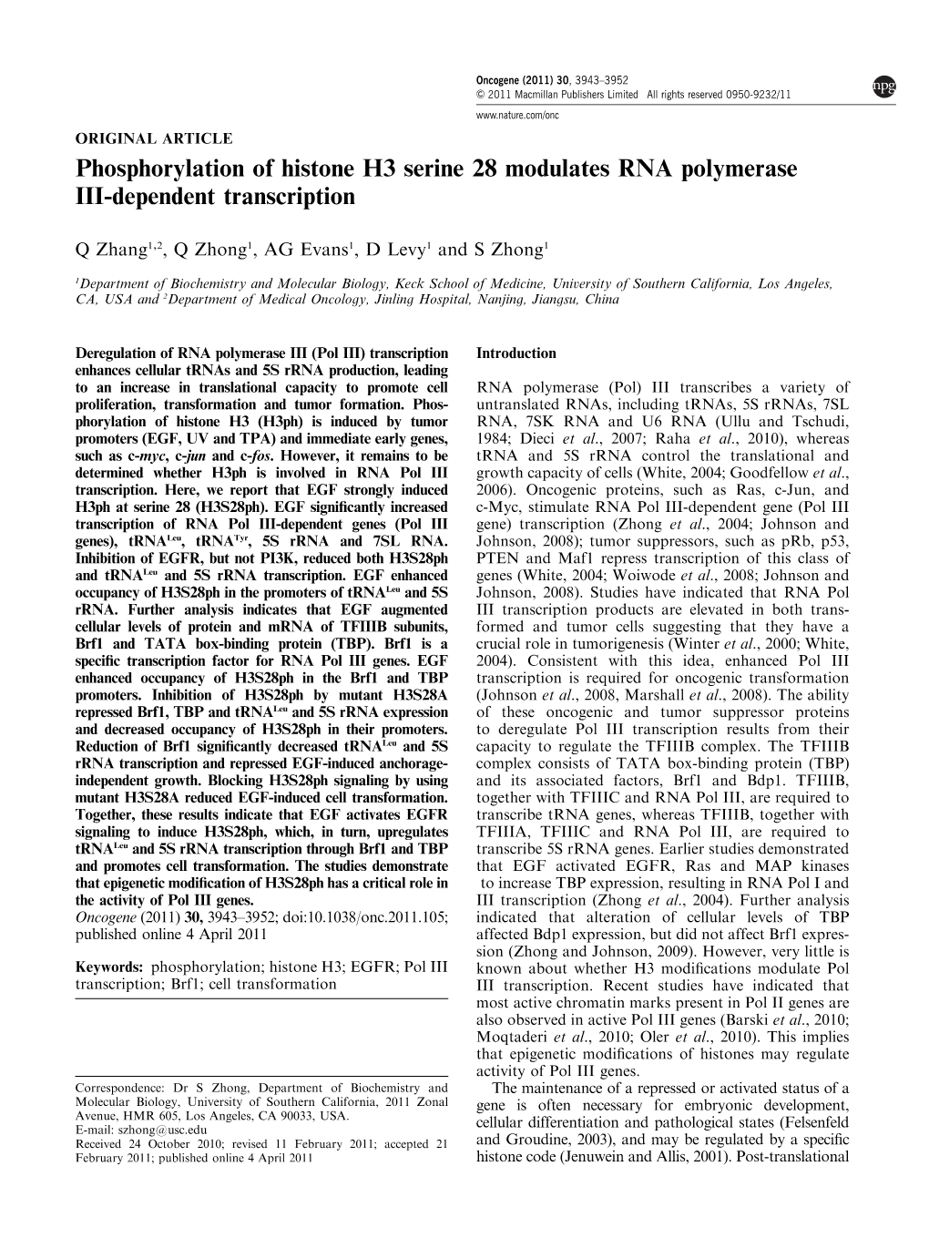 Phosphorylation of Histone H3 Serine 28 Modulates RNA Polymerase III-Dependent Transcription