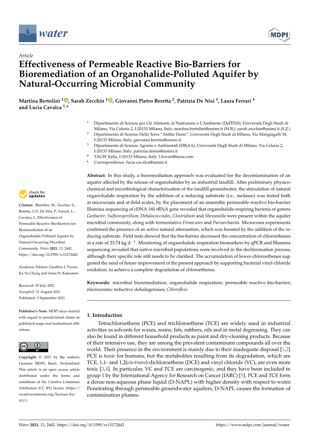 Effectiveness of Permeable Reactive Bio-Barriers for Bioremediation of an Organohalide-Polluted Aquifer by Natural-Occurring Microbial Community