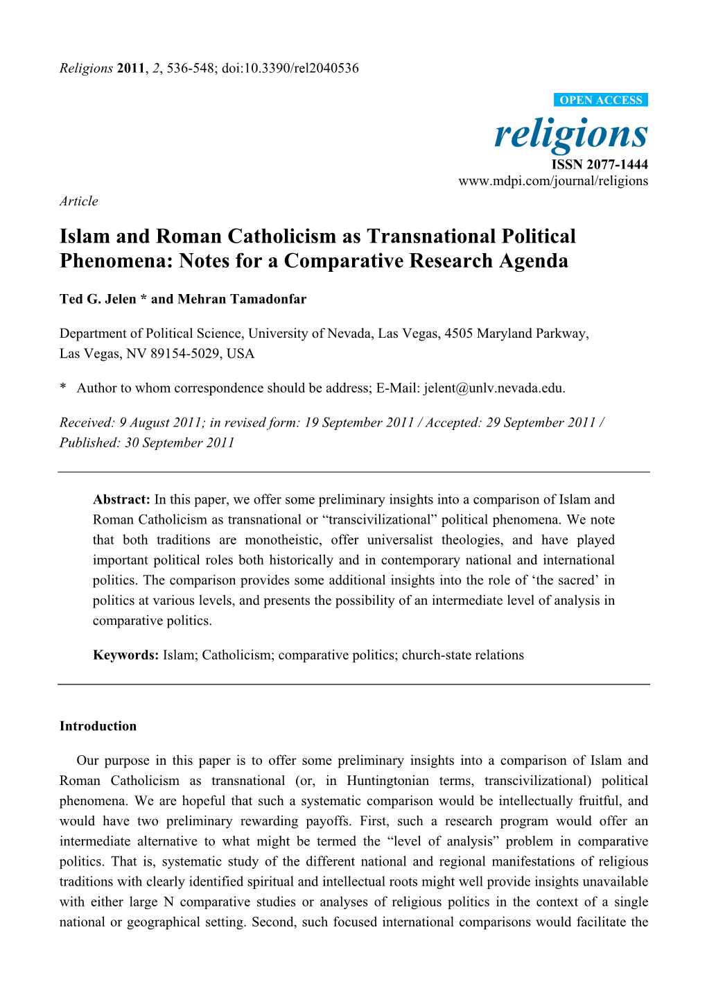 Islam and Roman Catholicism As Transnational Political Phenomena: Notes for a Comparative Research Agenda