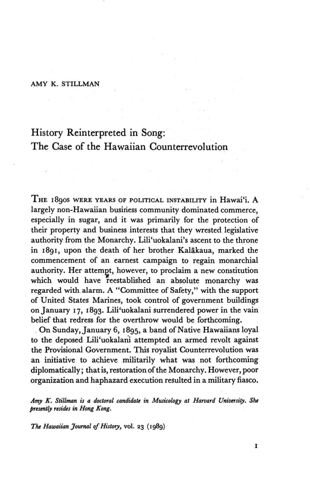 History Reinterpreted in Song: the Case of the Hawaiian Counterrevolution