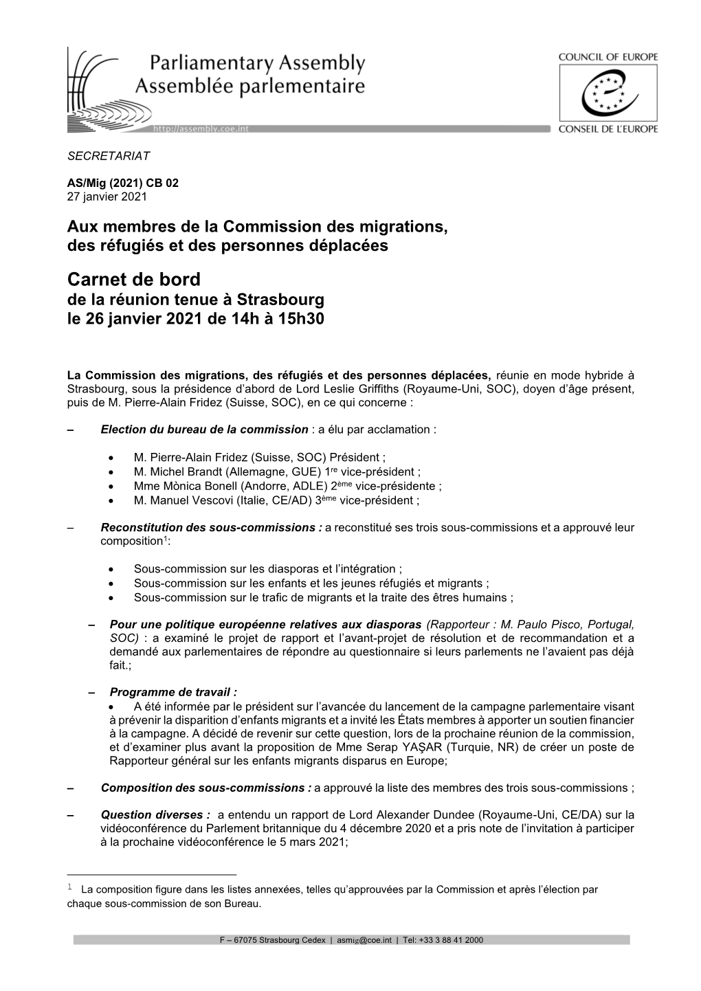 Carnet De Bord De La Réunion Tenue À Strasbourg Le 26 Janvier 2021 De 14H À 15H30