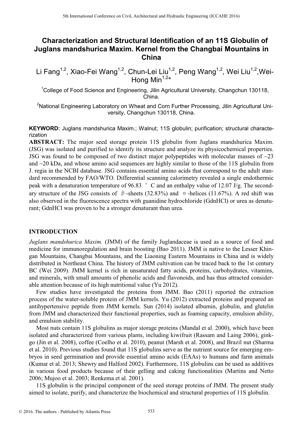 Characterization and Structural Identification of an 11S Globulin of Juglans Mandshurica Maxim