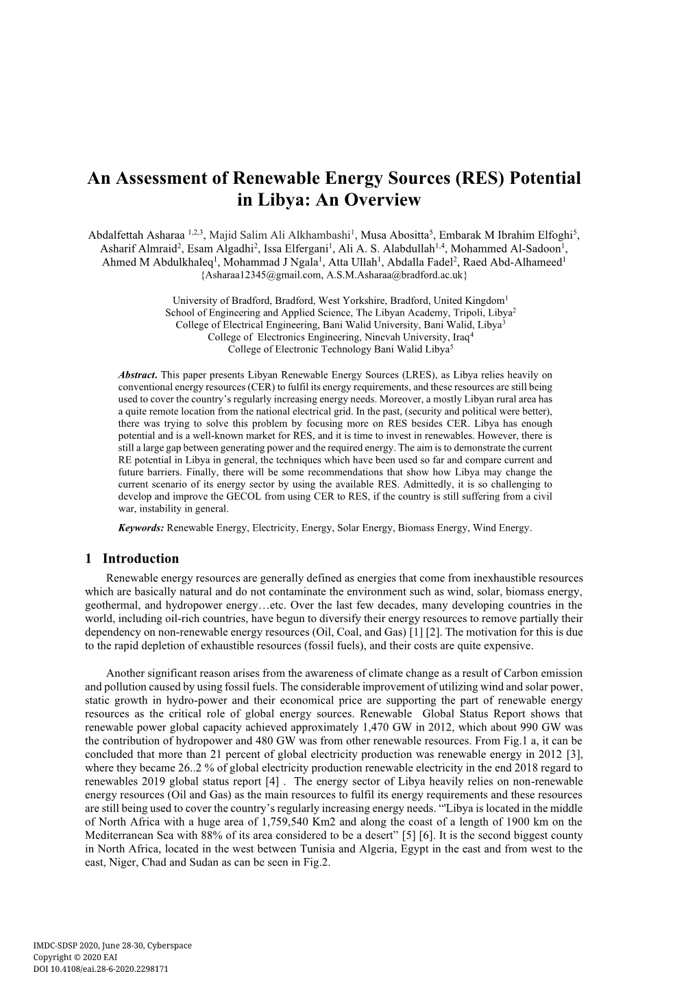An Assessment of Renewable Energy Sources (RES) Potential in Libya: an Overview”
