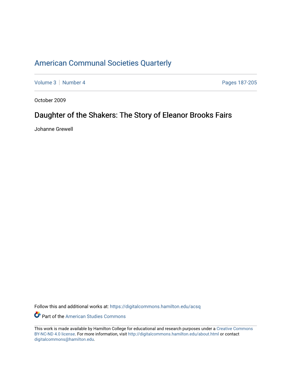 Daughter of the Shakers: the Story of Eleanor Brooks Fairs