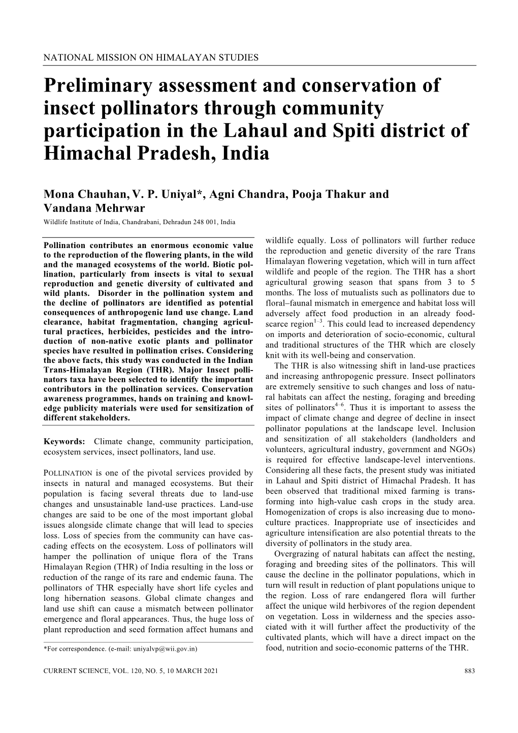 Preliminary Assessment and Conservation of Insect Pollinators Through Community Participation in the Lahaul and Spiti District of Himachal Pradesh, India