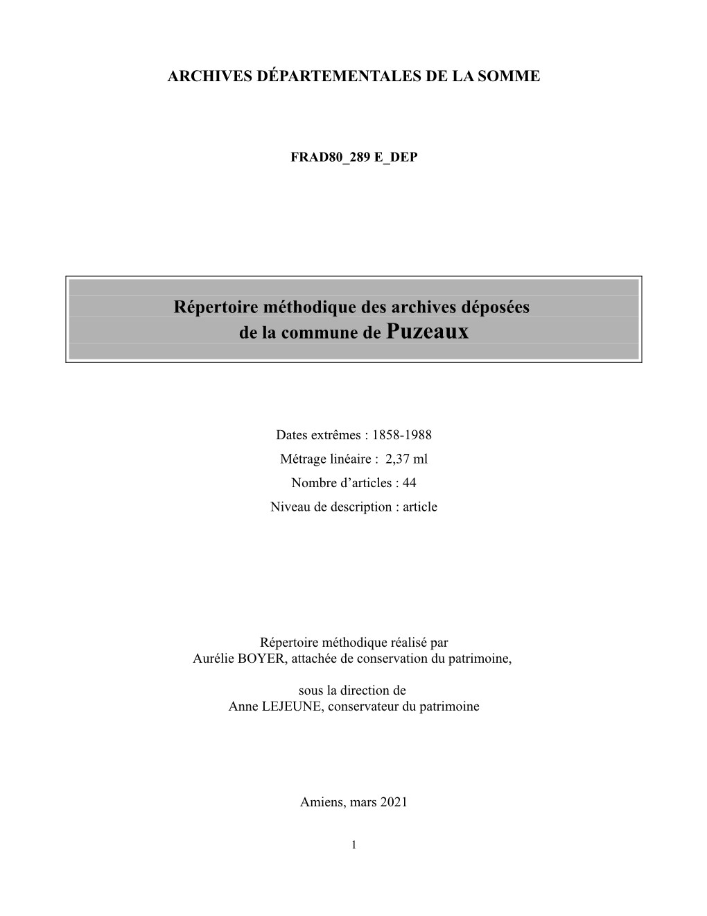Répertoire Méthodique Des Archives Déposées De La Commune De Puzeaux