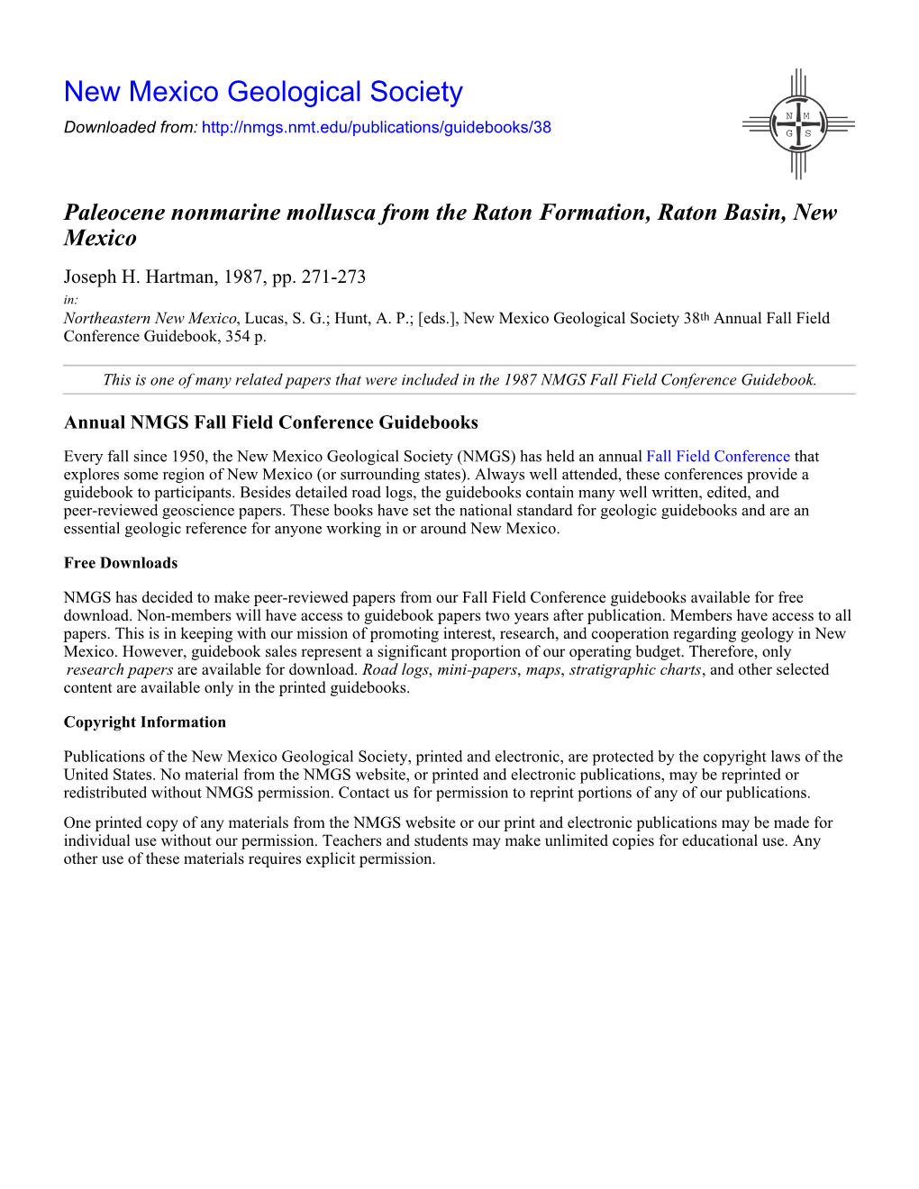 Paleocene Nonmarine Mollusca from the Raton Formation, Raton Basin, New Mexico Joseph H