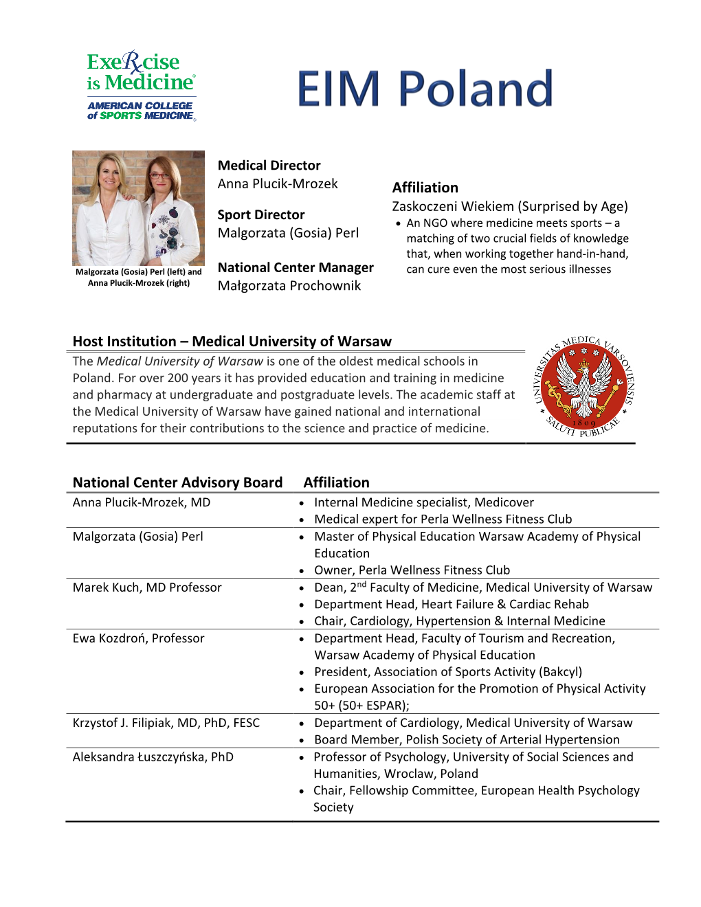 Medical University of Warsaw National Center Advisory Board Affiliation