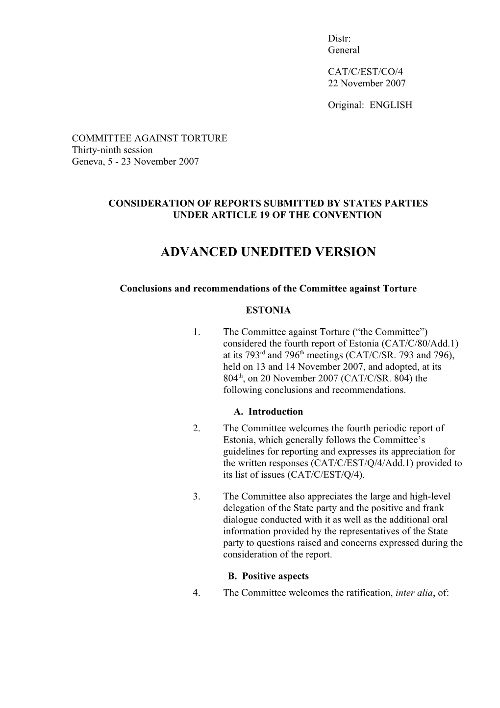 Consideration of Reports Submitted by States Partiesunder Article 19 of the Convention