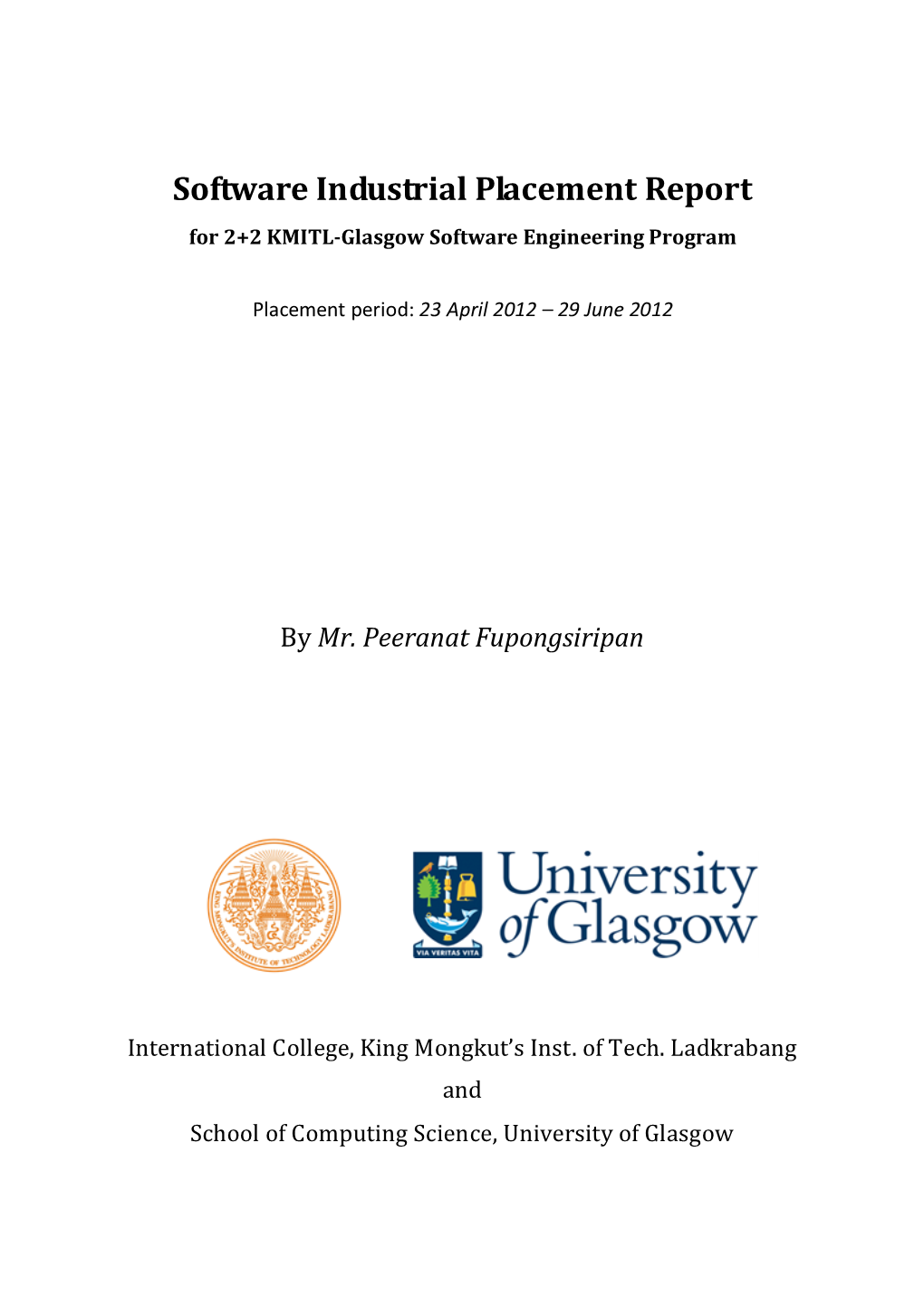 Software Industrial Placement Report for 2+2 KMITL-Glasgow Software Engineering Program