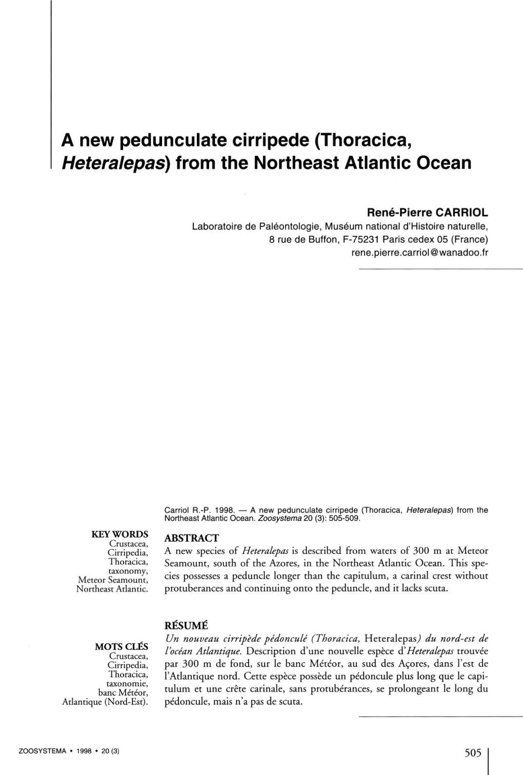 A New Pedunculate Cirripède (Thoracica, Heteralepas) from the Northeast Atlantic Océan