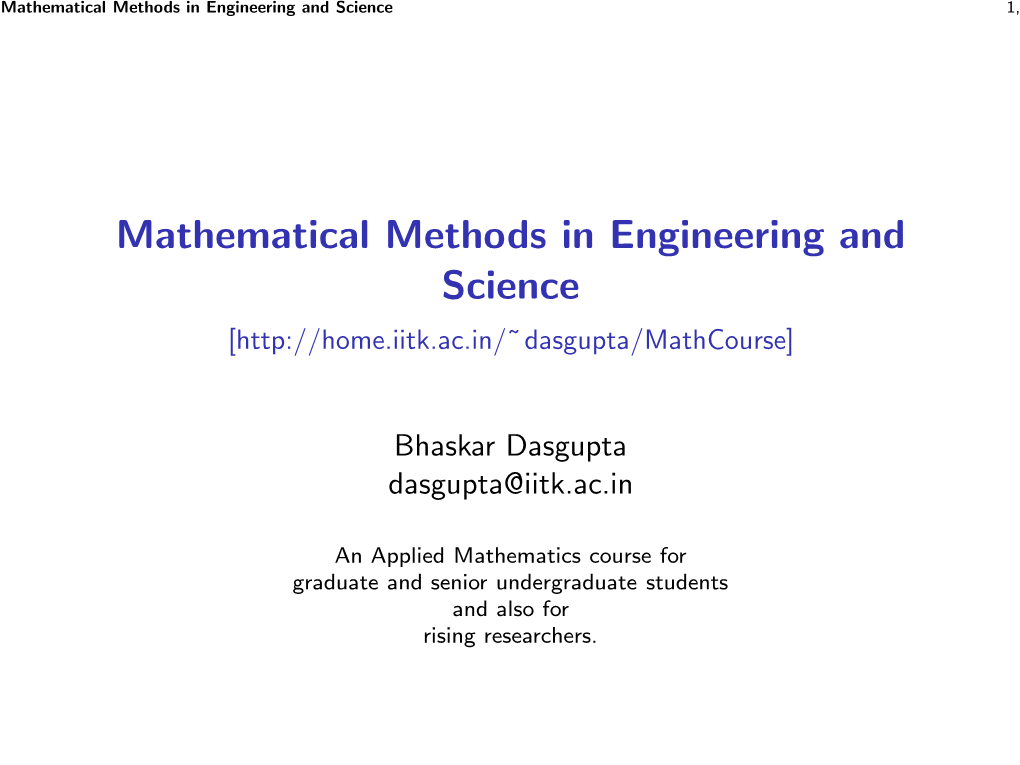 Mathematical Methods in Engineering and Science 1