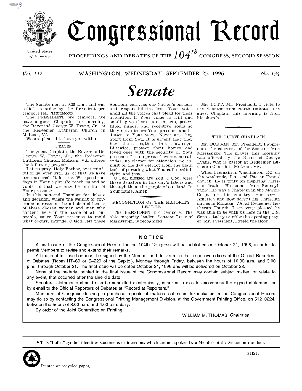 Senate the Senate Met at 9:30 A.M., and Was Senators Carrying Our Nation’S Burdens Mr