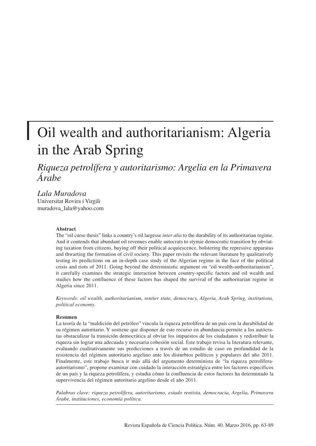 Oil Wealth and Authoritarianism: Algeria in the Arab Spring