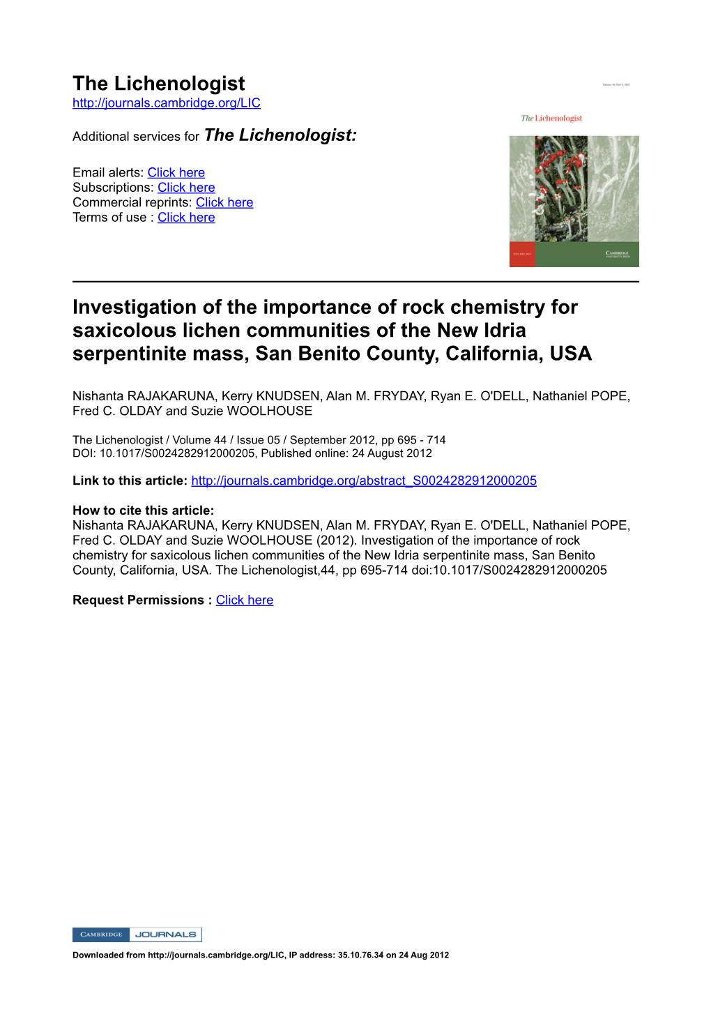 The Lichenologist Investigation of the Importance of Rock Chemistry For