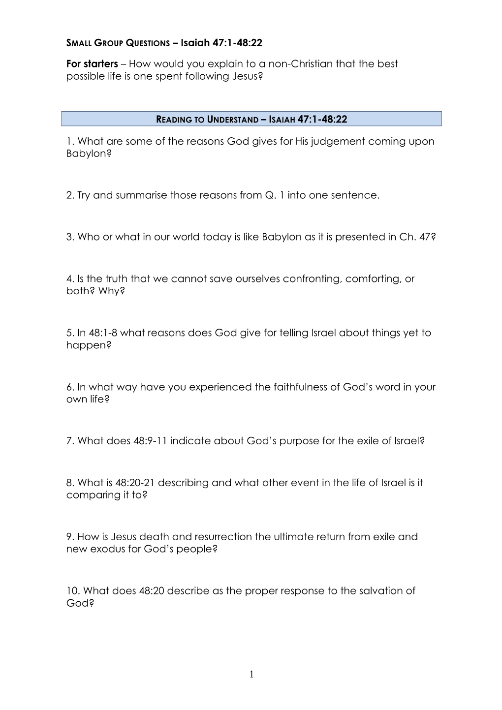 1 SMALL GROUP QUESTIONS – Isaiah 47:1-48:22 for Starters