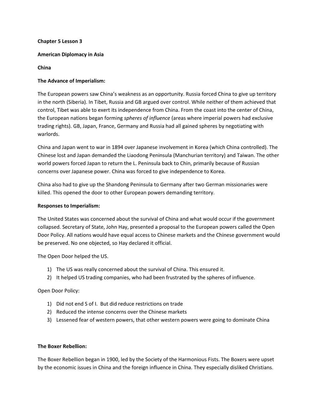 Chapter 5 Lesson 3 American Diplomacy in Asia China