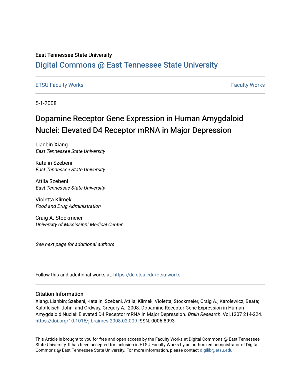 Dopamine Receptor Gene Expression in Human Amygdaloid Nuclei: Elevated D4 Receptor Mrna in Major Depression