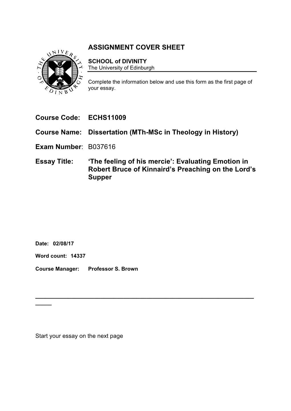 Dissertation (Mth-Msc in Theology in History) Exam