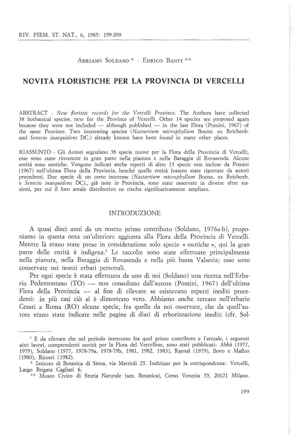 Novità Floristiche Per La Provincia Di Vercelli