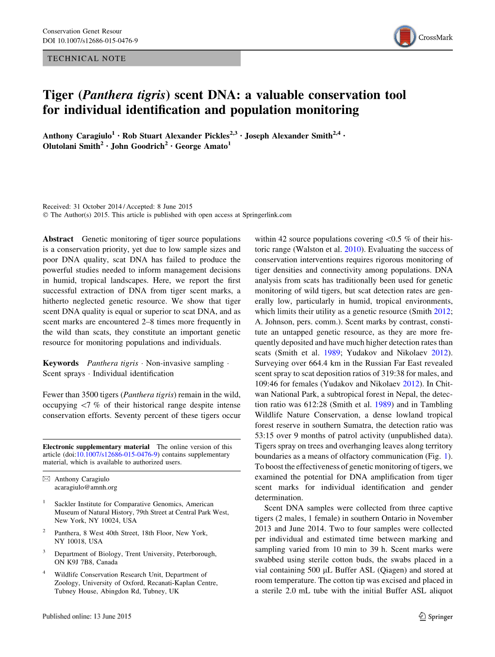 Tiger (Panthera Tigris) Scent DNA: a Valuable Conservation Tool for Individual Identiﬁcation and Population Monitoring