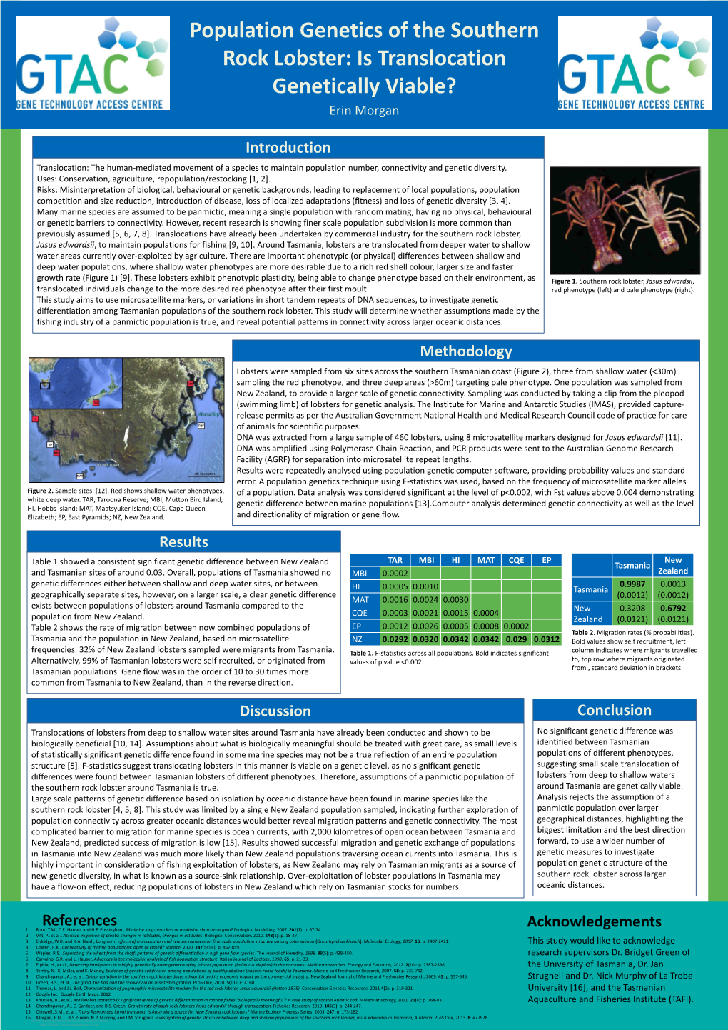 Population Genetics of the Southern Rock Lobster: Is Translocation Genetically Viable? Erin Morgan