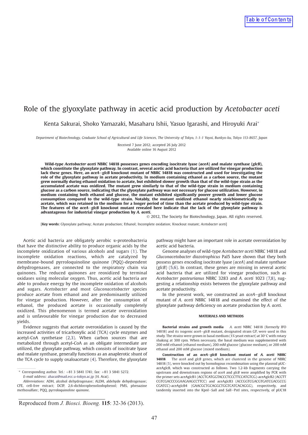 Role of the Glyoxylate Pathway in Acetic Acid Production by Acetobacter Aceti
