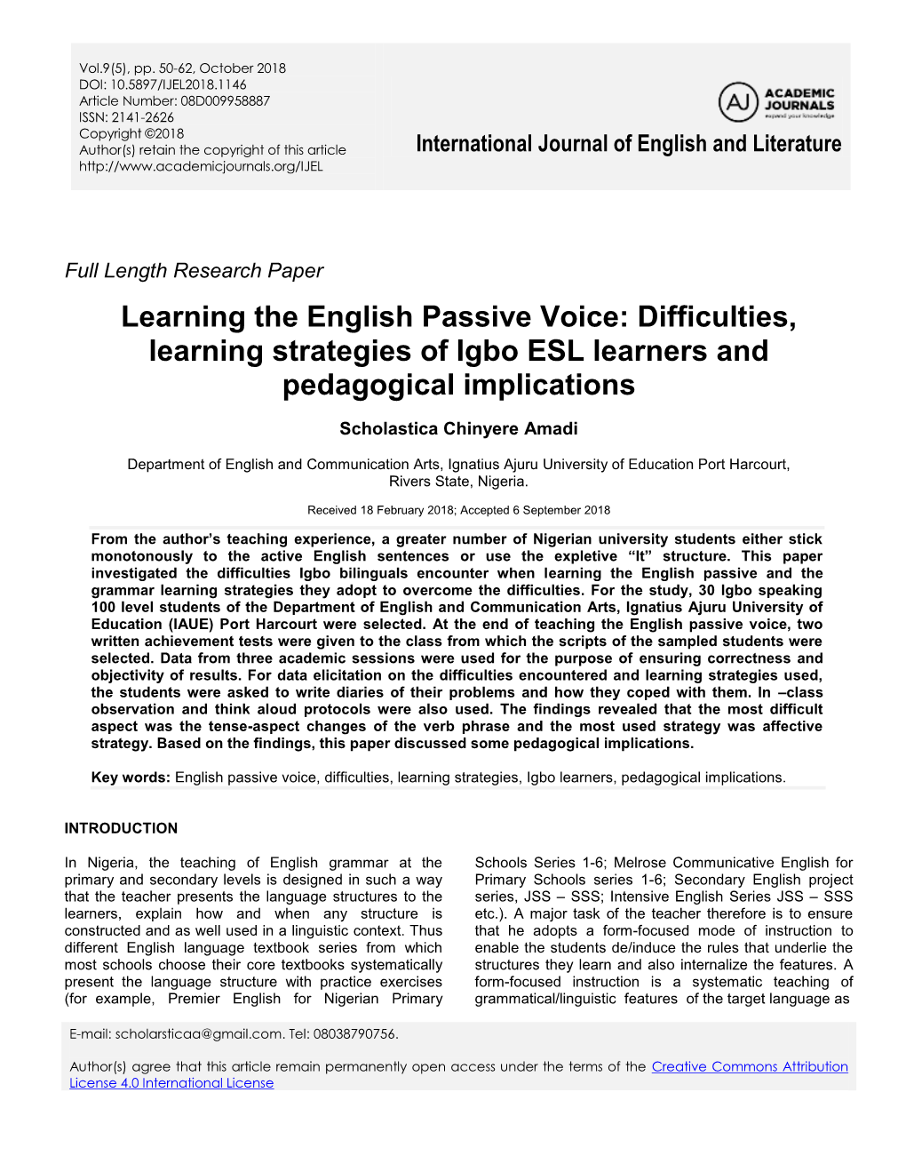 Learning the English Passive Voice: Difficulties, Learning Strategies of Igbo ESL Learners and Pedagogical Implications