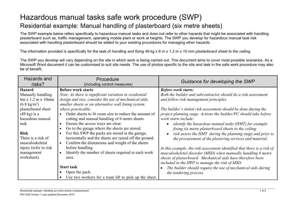 Residential Example: Manual Handling Plasterboard Sheets Safe Work Procedure