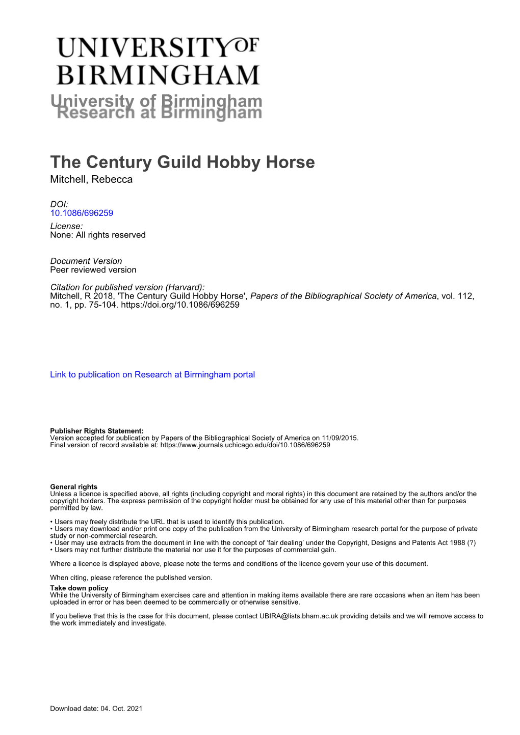 University of Birmingham the Century Guild Hobby Horse