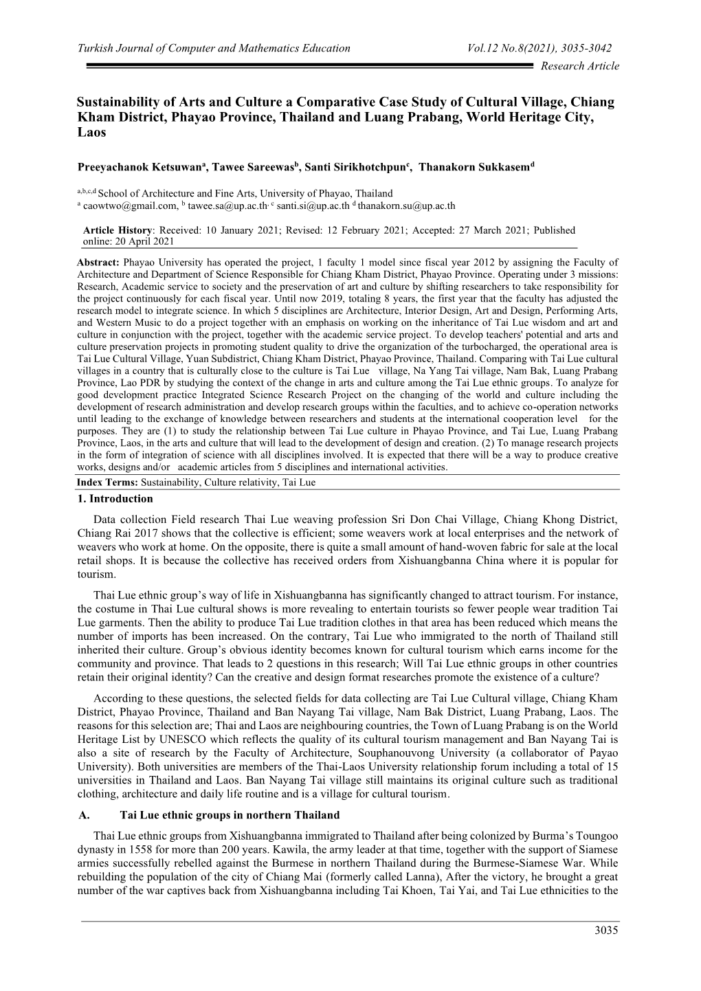 Sustainability of Arts and Culture a Comparative Case Study of Cultural Village, Chiang Kham District, Phayao Province, Thailand