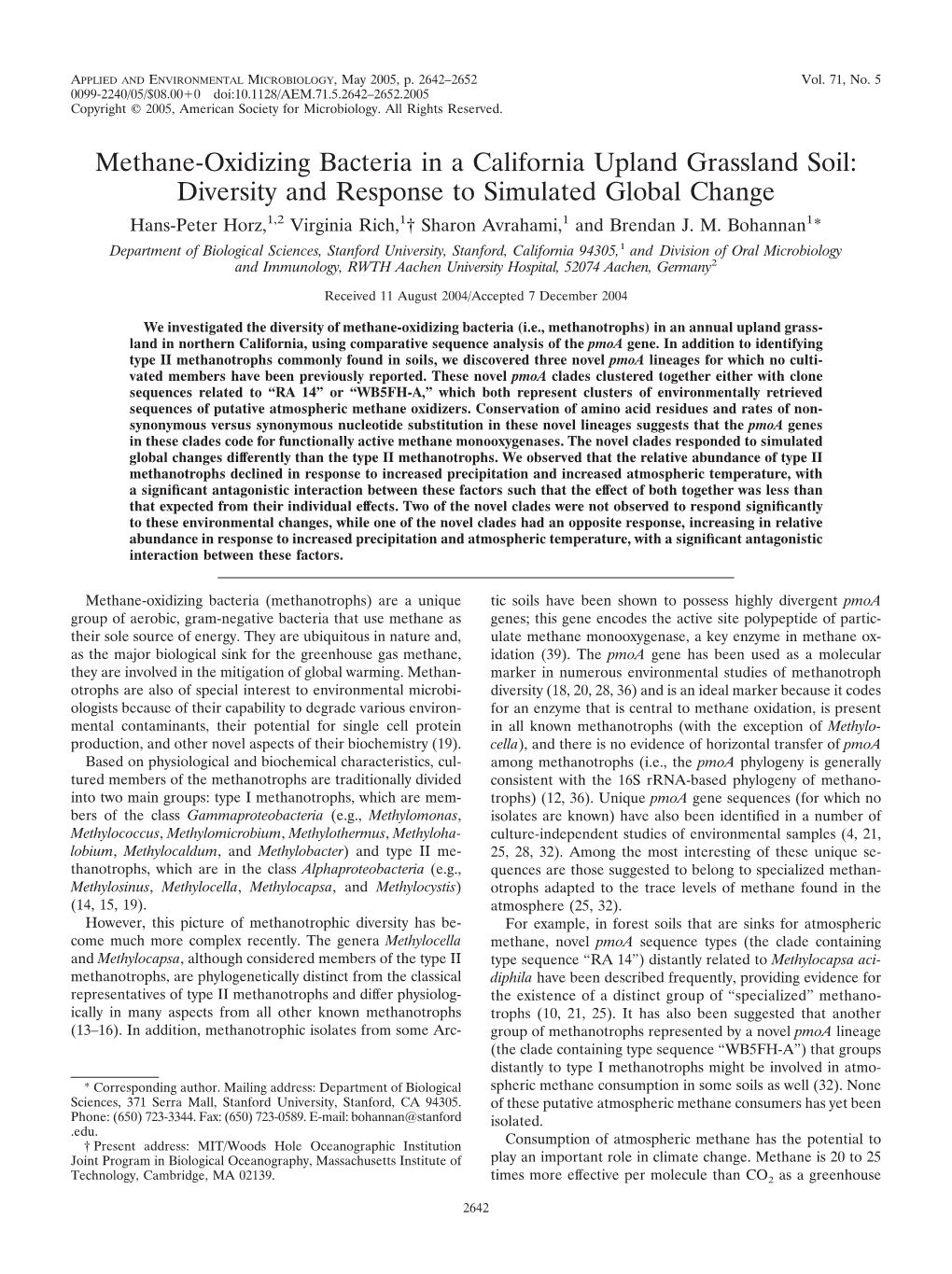 Methane-Oxidizing Bacteria in a California Upland Grassland Soil